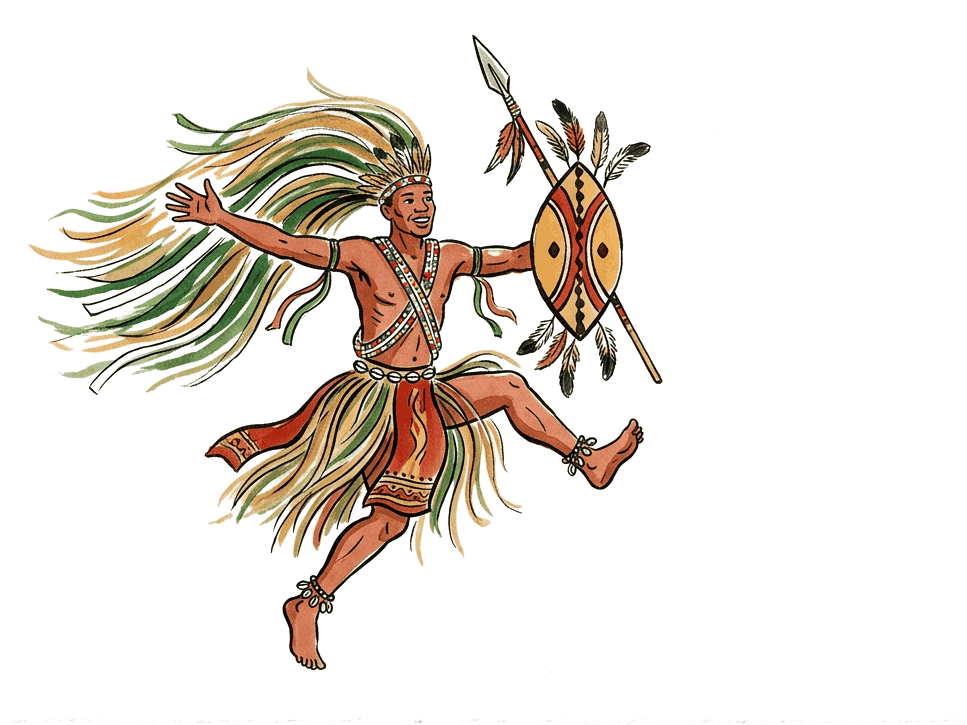 Ink and watercolour illustration of an Intore dancer mid-step in full ceremonial headdress
